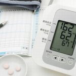 血圧計と管理表と錠剤