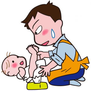 赤ちゃんのおむつ替えをしているパパ