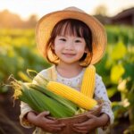 トウモロコシなどの野菜を手に持っている子供