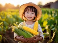 トウモロコシなどの野菜を手に持っている子供