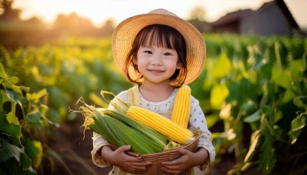 トウモロコシなどの野菜を手に持っている子供