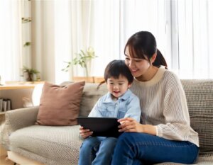 幼児教育としてタブレットで知育アプリで楽しむ親子