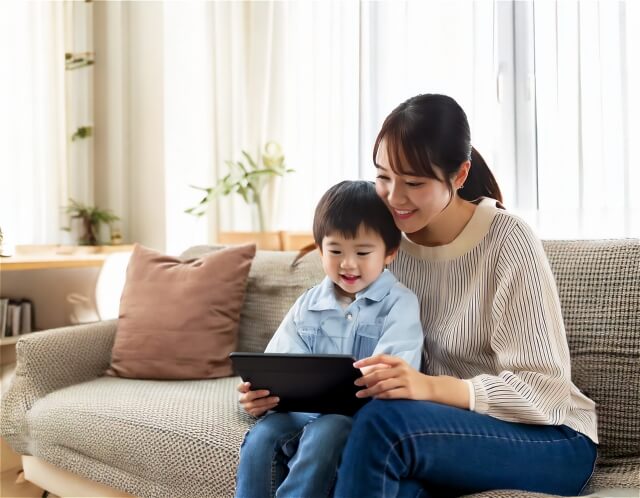 幼児教育としてタブレットで知育アプリで楽しむ親子