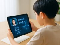 タブレットを使って勉強をする子供