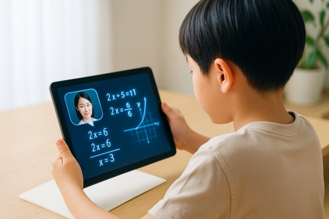 タブレットを使って勉強をする子供